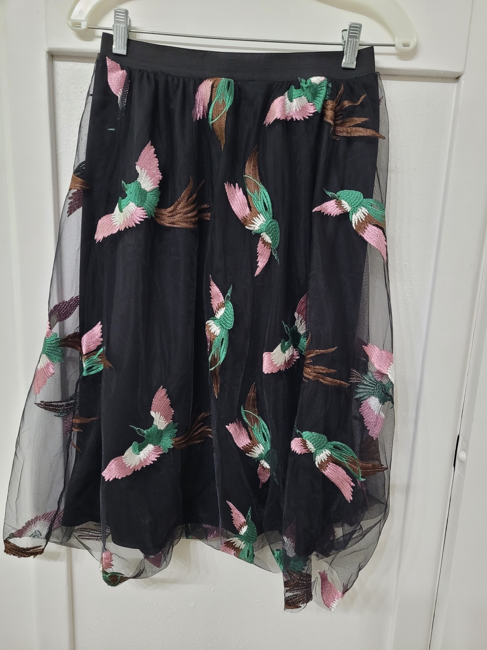 Black Tulle Midi Skirt with Pink & Green Embroidered Birds